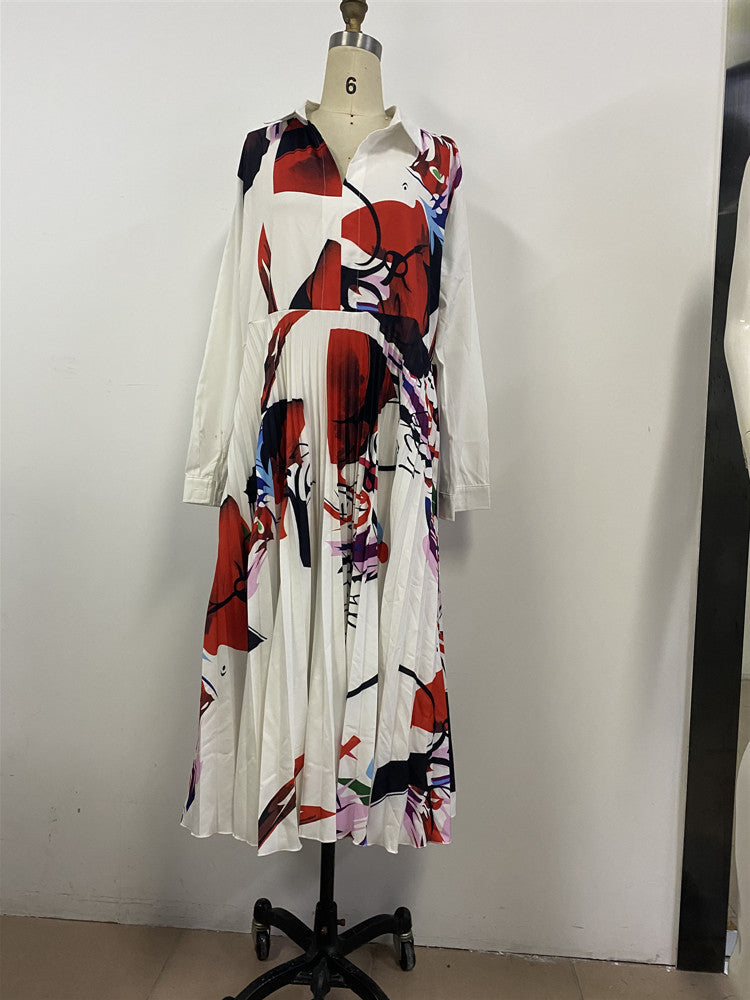 "Make a Statement with Our Vibrant Digital Printing Pleated Long Sleeve Dress!"