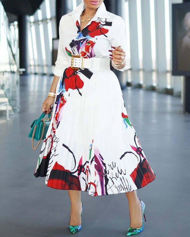 "Make a Statement with Our Vibrant Digital Printing Pleated Long Sleeve Dress!"