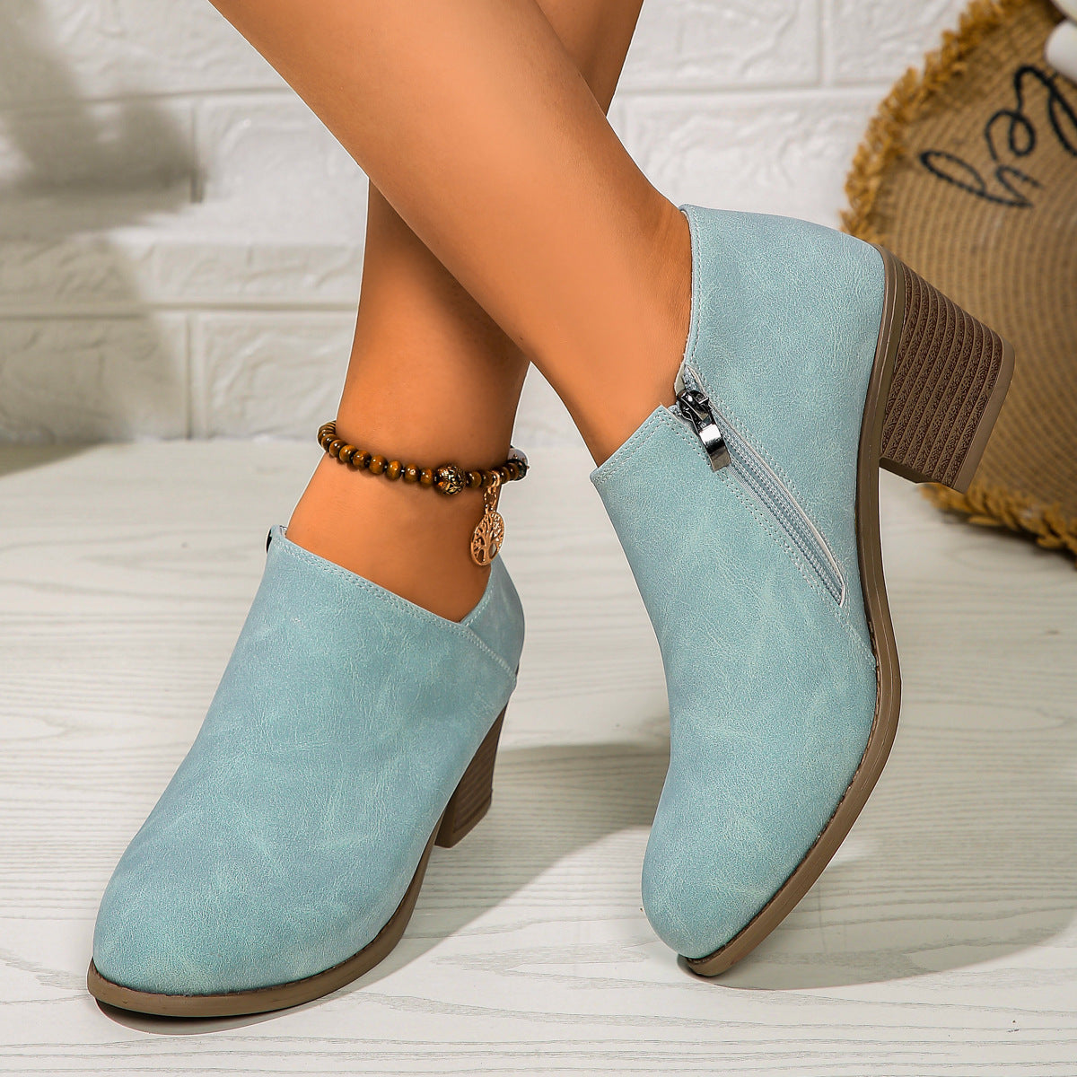 Chunky Heel Round Toe Ankle Boots With Side Zipper Design Fashion Short Boots For Women Shoes