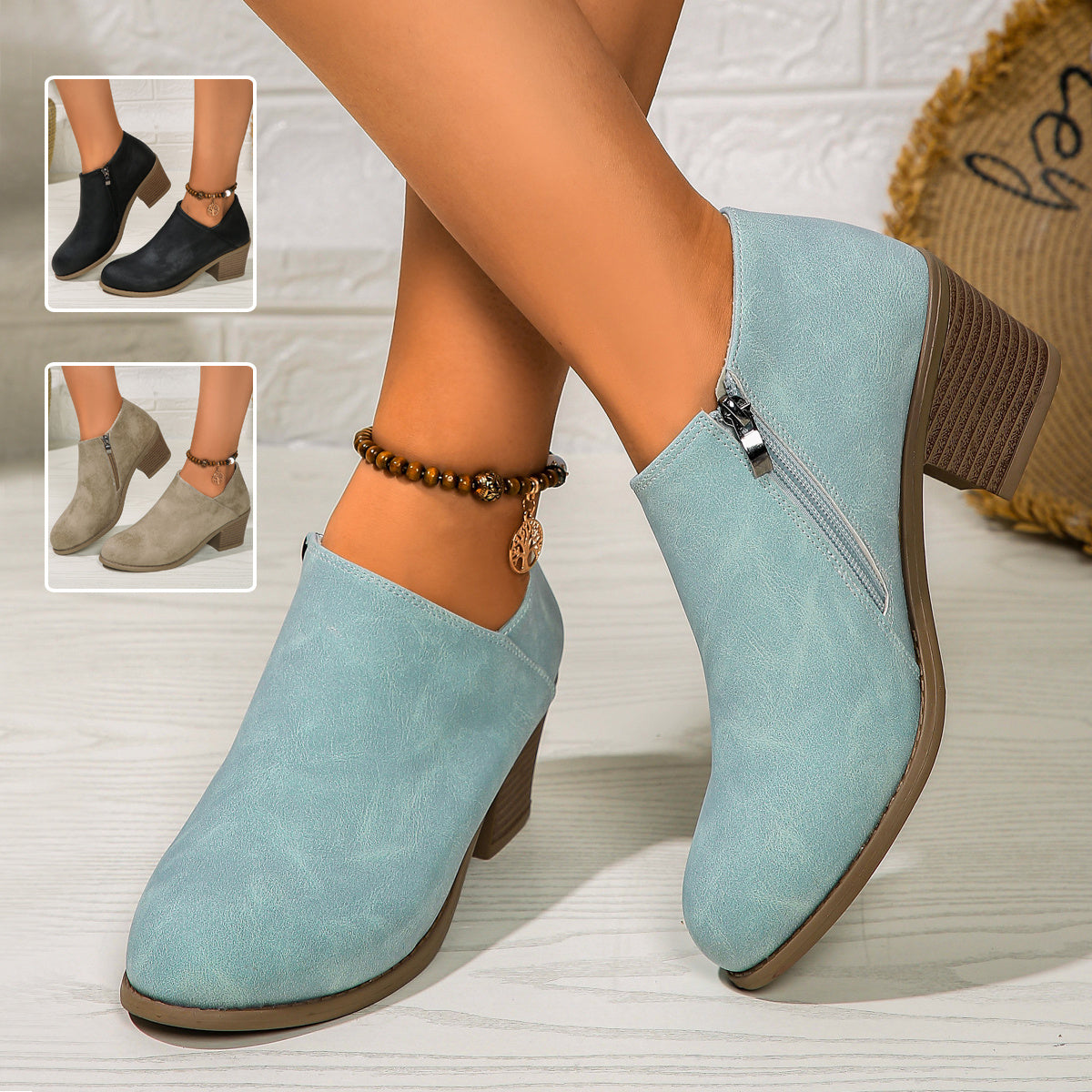 Chunky Heel Round Toe Ankle Boots With Side Zipper Design Fashion Short Boots For Women Shoes