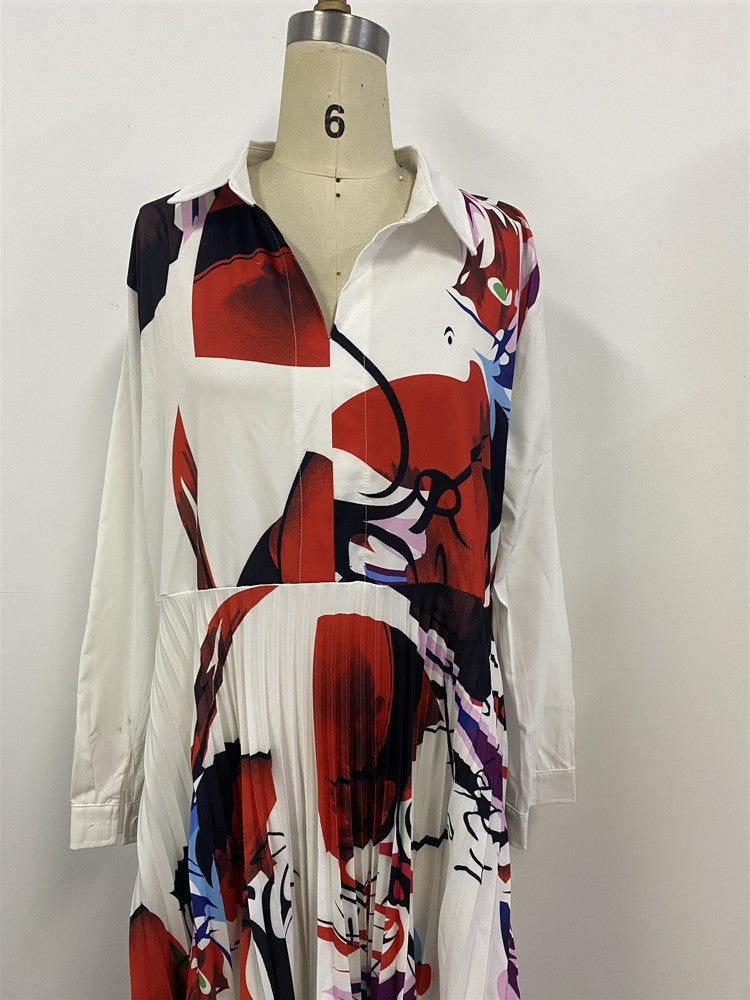 "Make a Statement with Our Vibrant Digital Printing Pleated Long Sleeve Dress!"