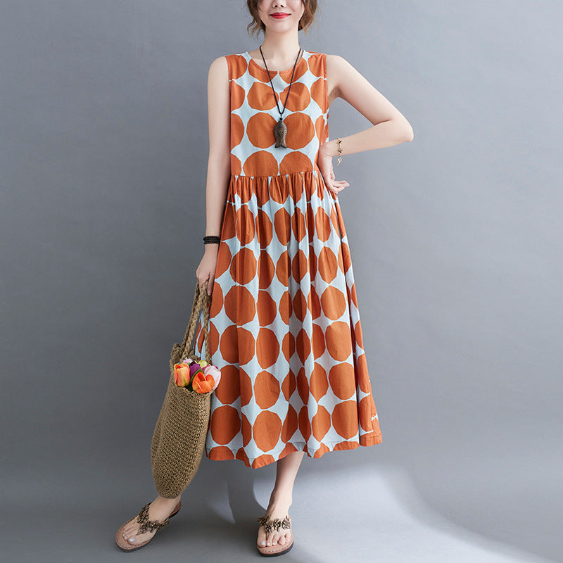 Artistic Plus Size Polka Dot Loose With Thin Round Neck Sleeveless Waist Dress
