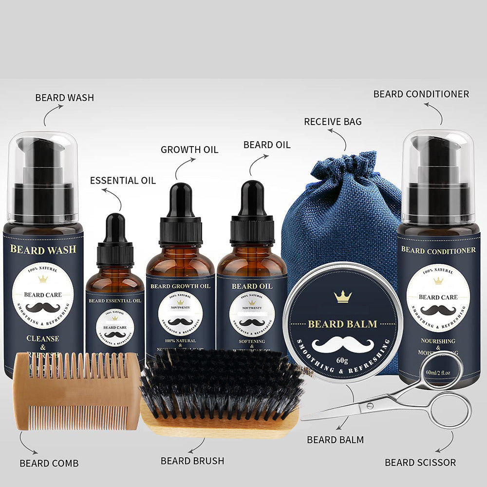 Care Roller Beard Care Balsam Comb Brush Pogonotomy Scissors Set