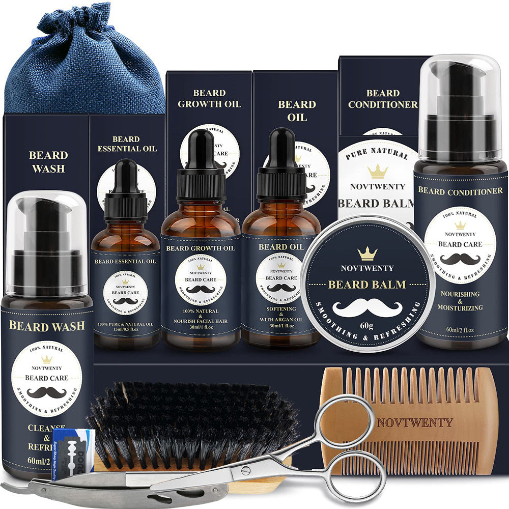 Care Roller Beard Care Balsam Comb Brush Pogonotomy Scissors Set