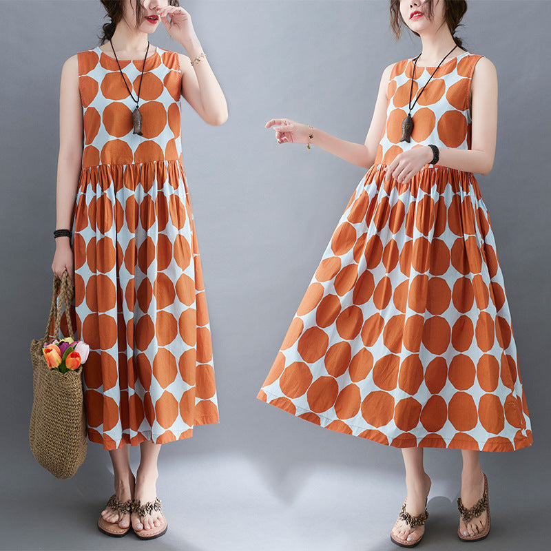 Artistic Plus Size Polka Dot Loose With Thin Round Neck Sleeveless Waist Dress
