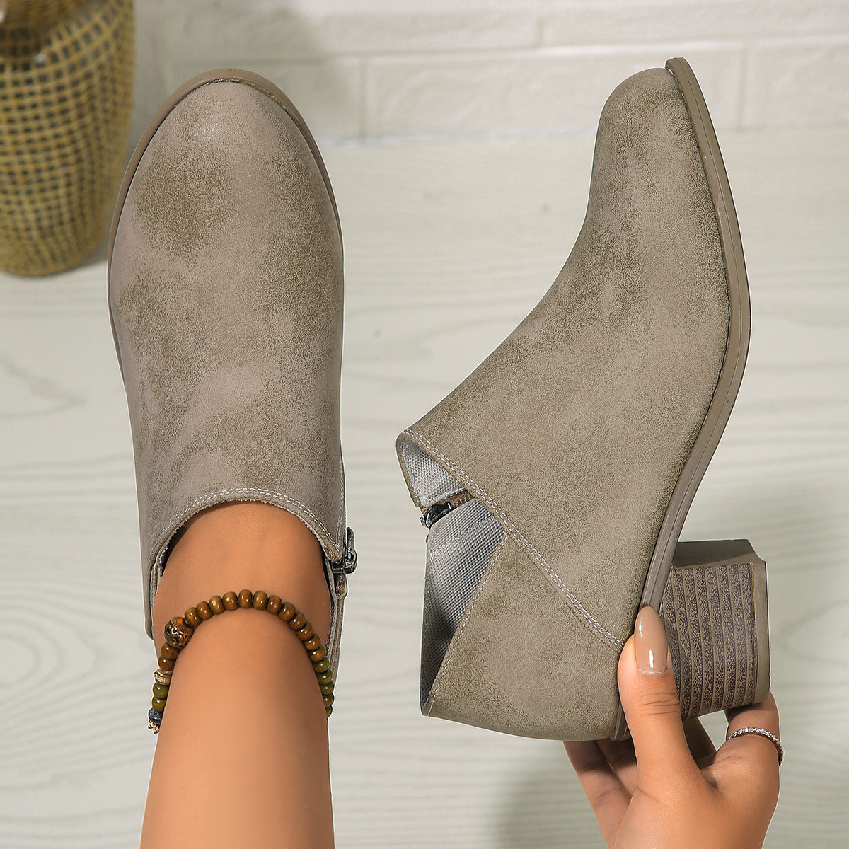 Chunky Heel Round Toe Ankle Boots With Side Zipper Design Fashion Short Boots For Women Shoes