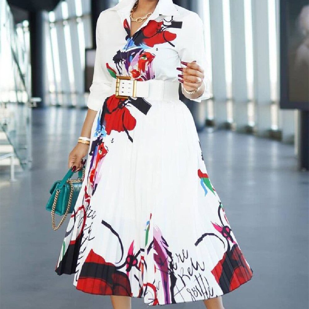 "Make a Statement with Our Vibrant Digital Printing Pleated Long Sleeve Dress!"