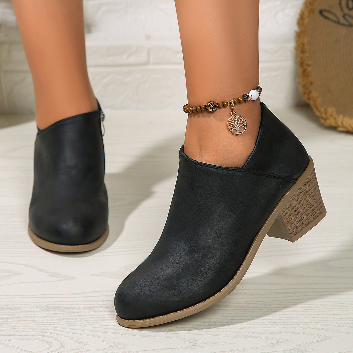 Chunky Heel Round Toe Ankle Boots With Side Zipper Design Fashion Short Boots For Women Shoes
