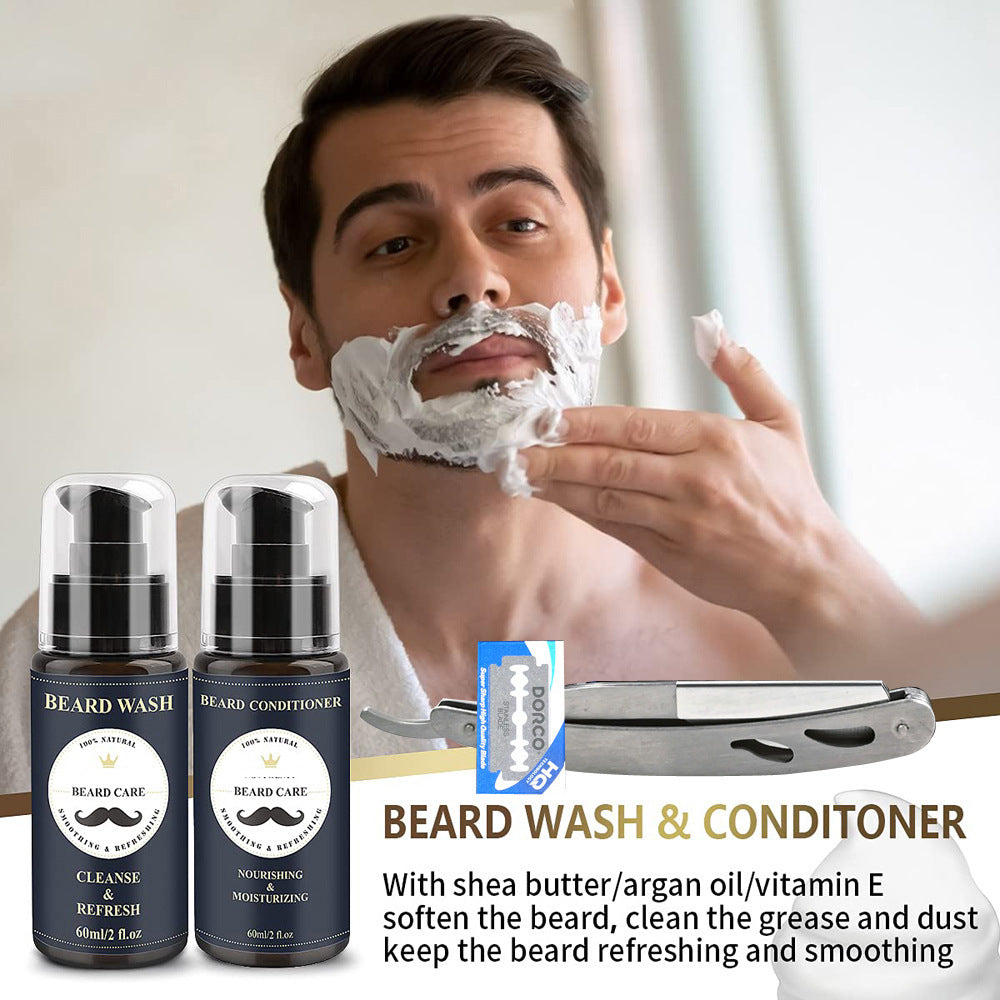 Care Roller Beard Care Balsam Comb Brush Pogonotomy Scissors Set