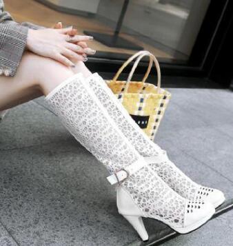 Net boots hollow single boots summer women's shoes white boots high with high tube large size women's boots small size boots