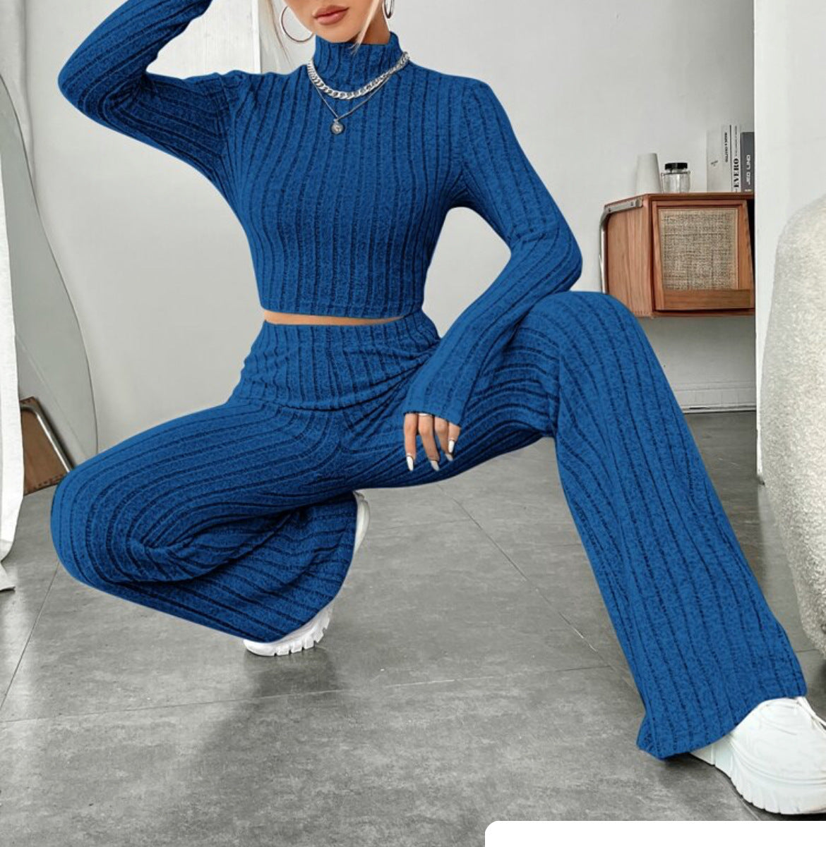 Long Sleeve Turtlenecks Wide Leg High Waist Trousers Suit