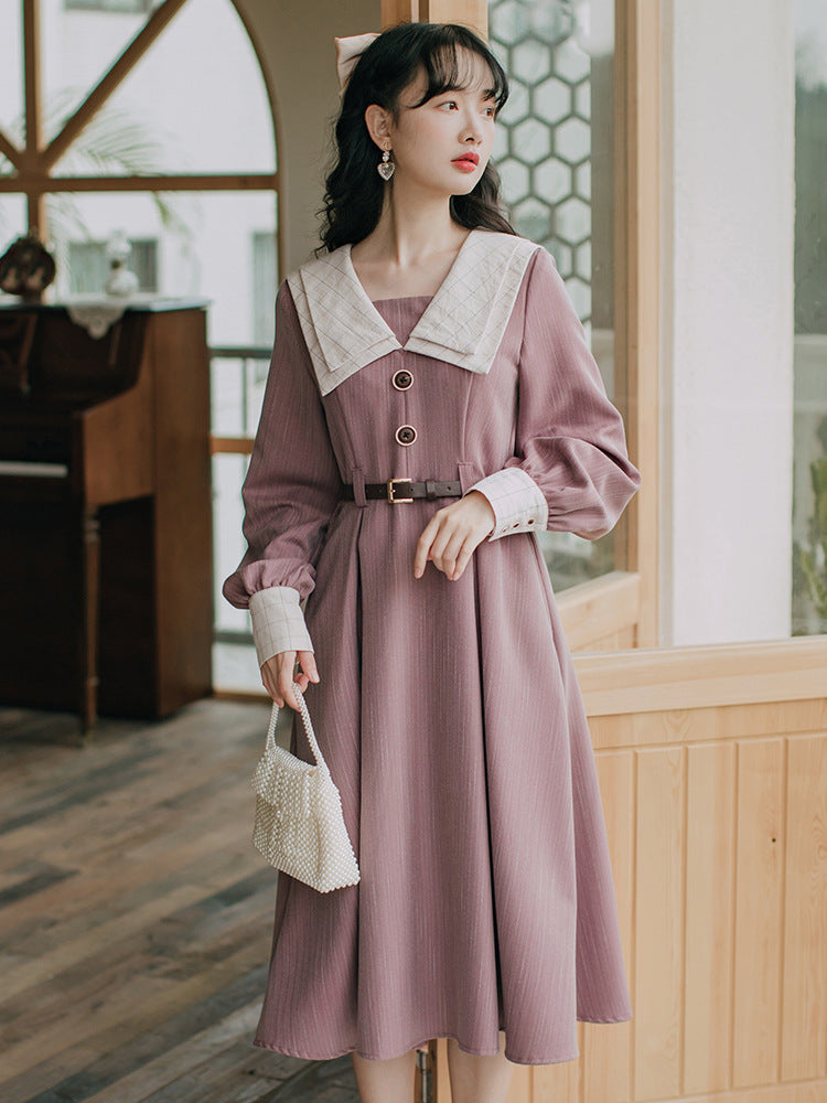 French Retro Long-sleeved Dress Women's Winter Waist Skirt Student Long Skirt Spring