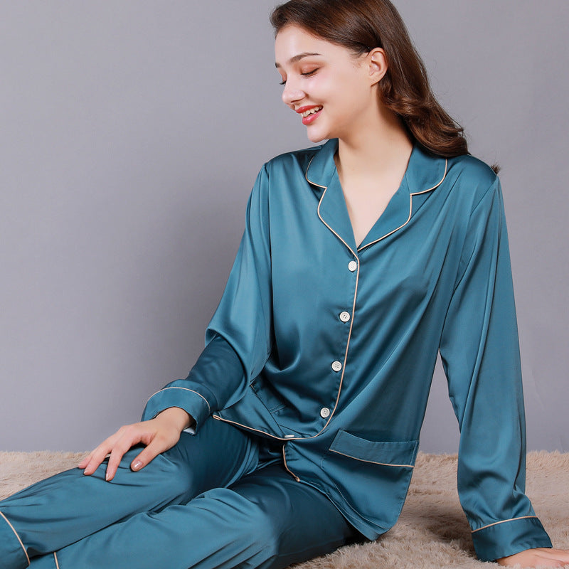 Women's Summer Silk-like Long Sleeve Two-piece Pajamas