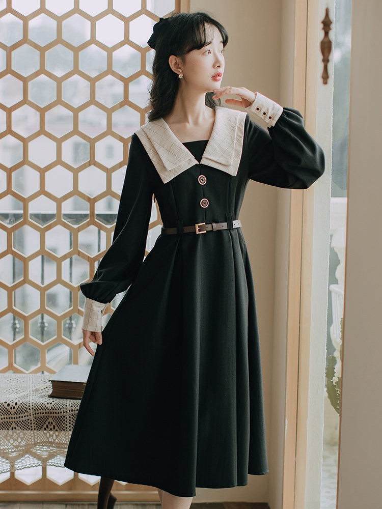 French Retro Long-sleeved Dress Women's Winter Waist Skirt Student Long Skirt Spring