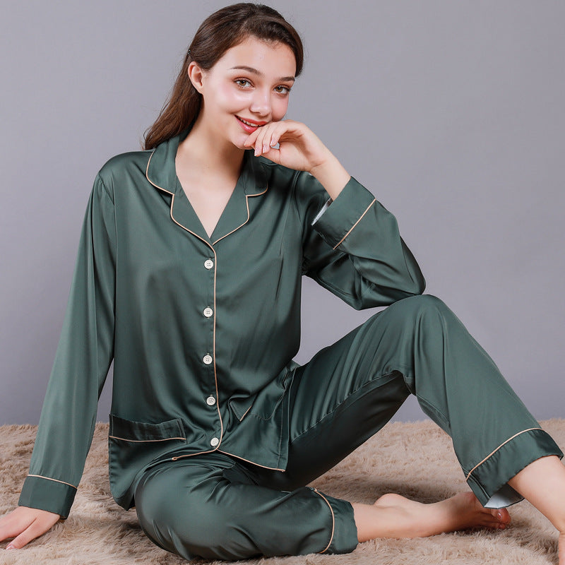 Women's Summer Silk-like Long Sleeve Two-piece Pajamas