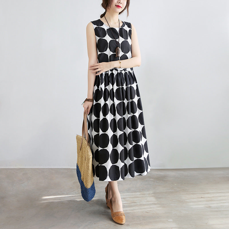 Literary Plus Size Polka Dot Loose And Thin Round Neck Sleeveless Waist Dress