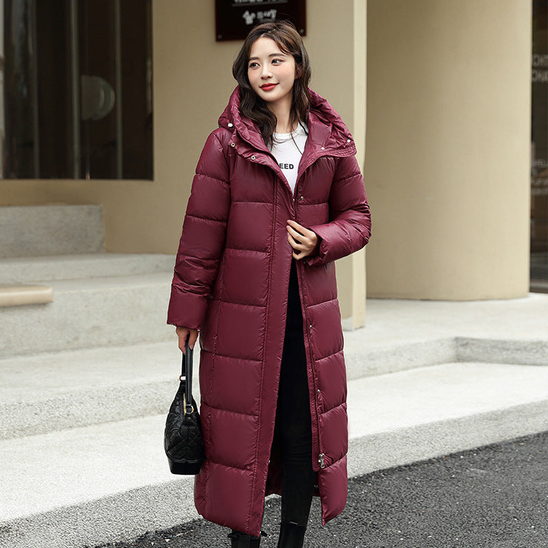 Women's Super Long Down Jacket Winter Puffer Thick Coat Black Red Hooded Zipper Keep Warm Fall Winter Casual Clothes