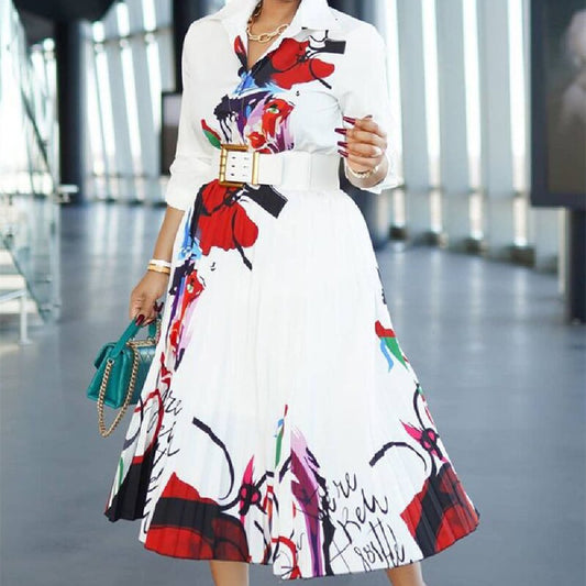 "Make a Statement with Our Vibrant Digital Printing Pleated Long Sleeve Dress!"