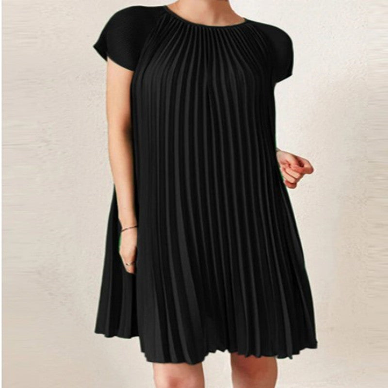 New Women's Round Neck Short Sleeve Pleated Loose Dress