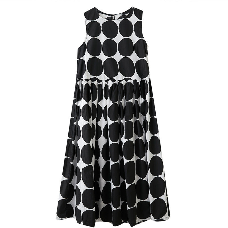 Literary Plus Size Polka Dot Loose And Thin Round Neck Sleeveless Waist Dress