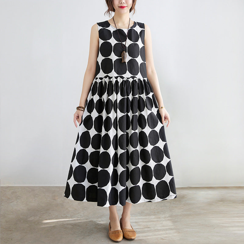 Literary Plus Size Polka Dot Loose And Thin Round Neck Sleeveless Waist Dress