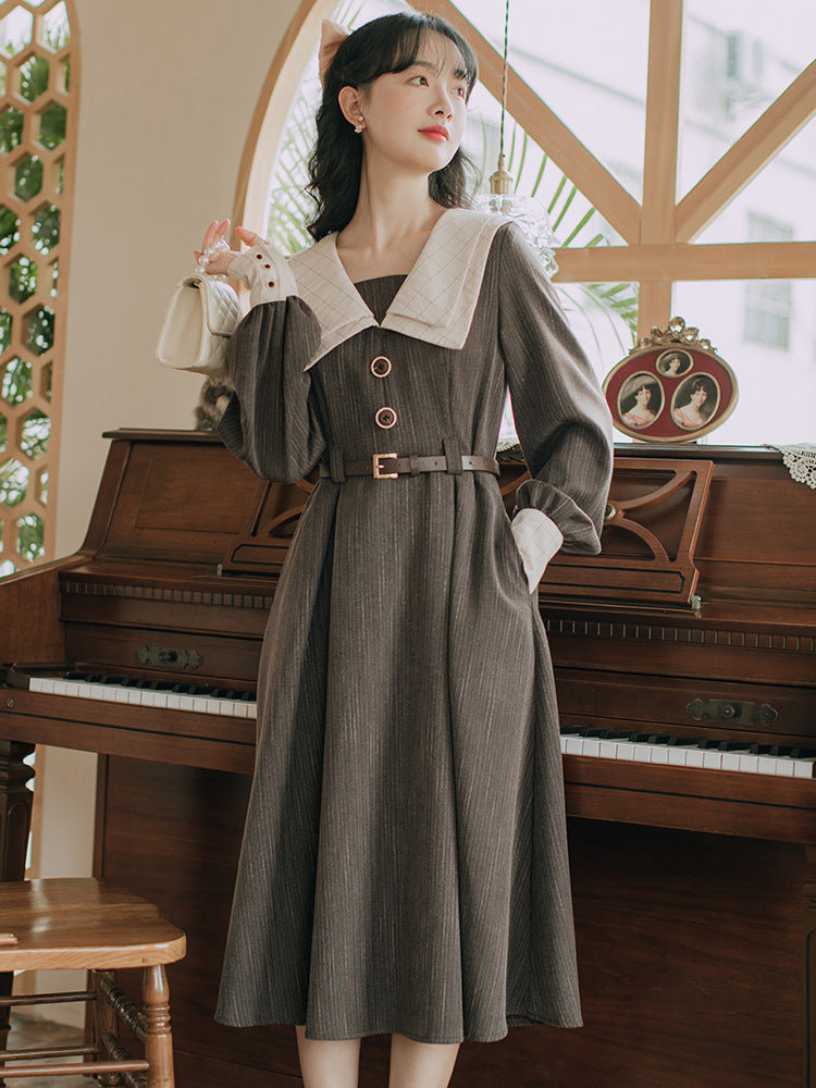 French Retro Long-sleeved Dress Women's Winter Waist Skirt Student Long Skirt Spring