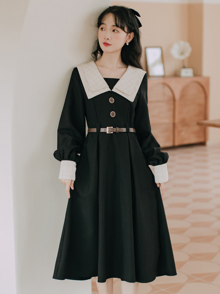 French Retro Long-sleeved Dress Women's Winter Waist Skirt Student Long Skirt Spring