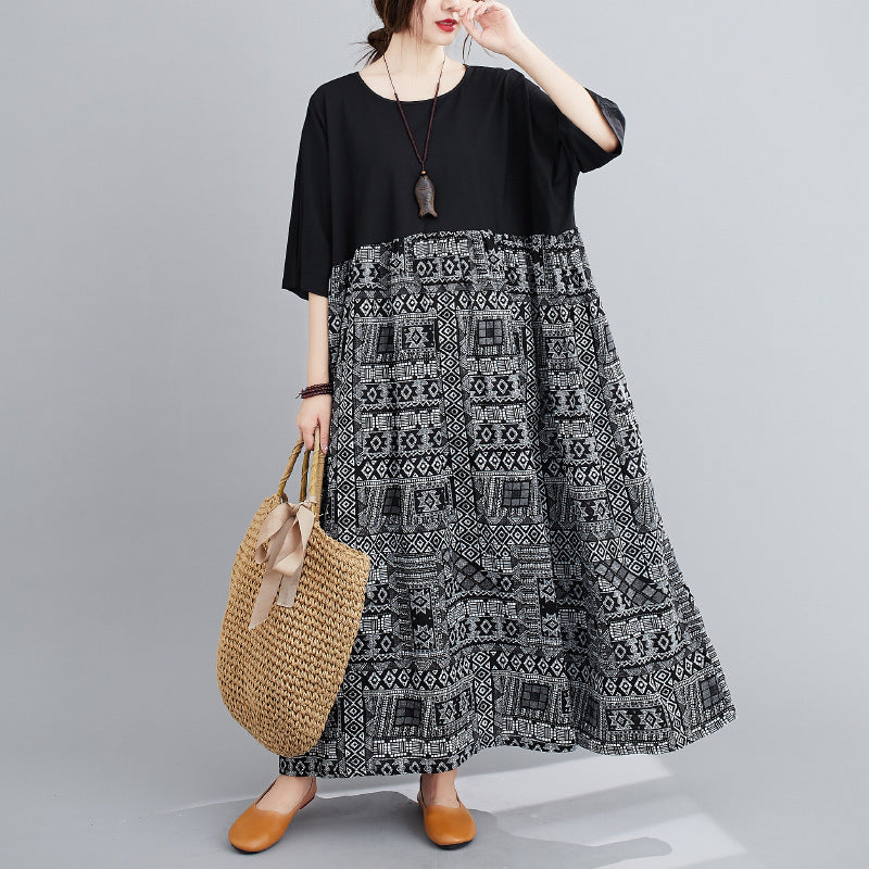 Plus Size Loose Colorblock Cotton Linen Short Sleeve Dress