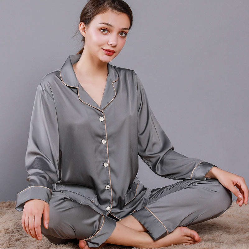 Women's Summer Silk-like Long Sleeve Two-piece Pajamas